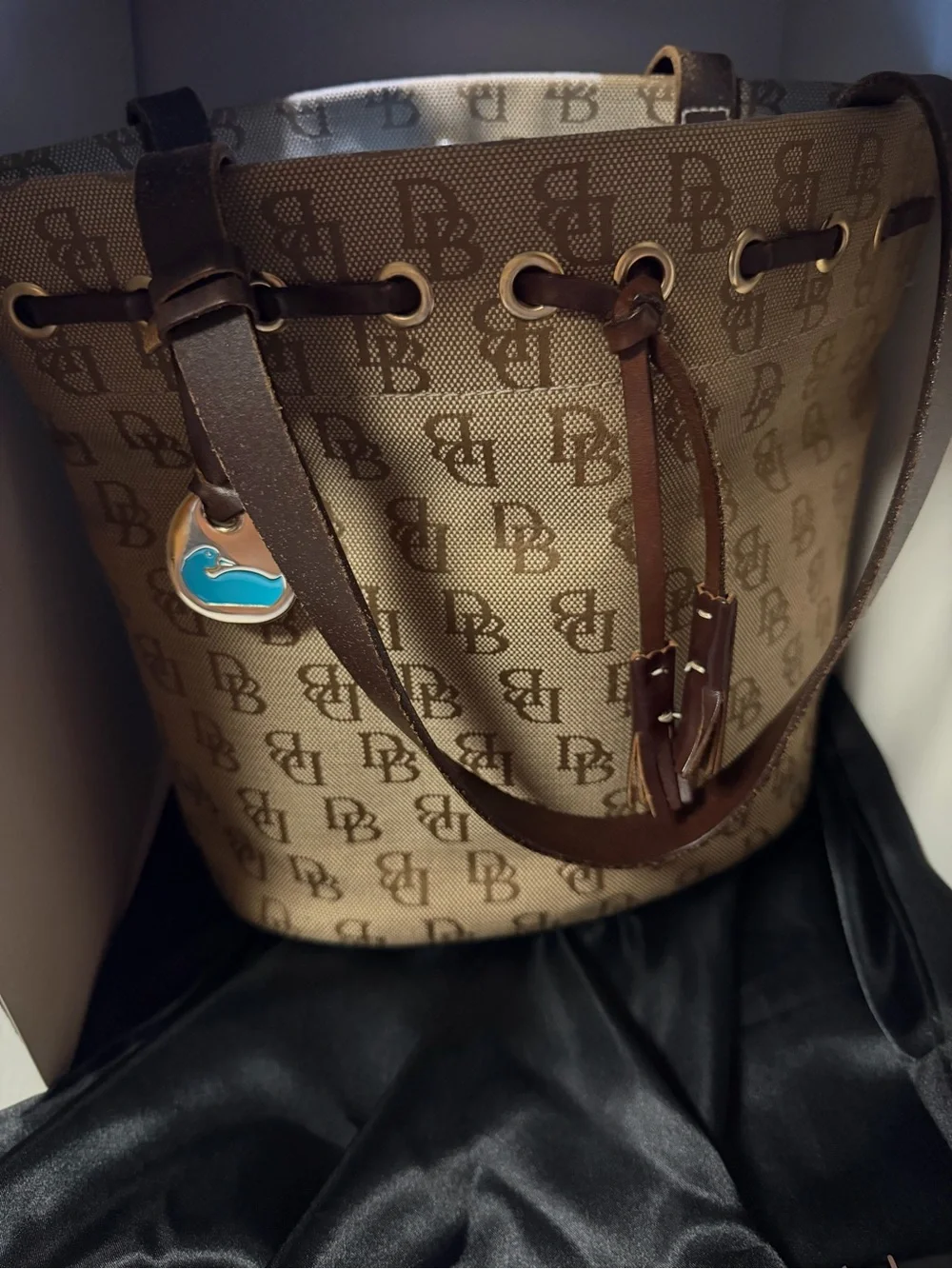 Vintage Dooney & Bourke Signature Monogram Bucket Bag, Teal Duck Fob, Made in US